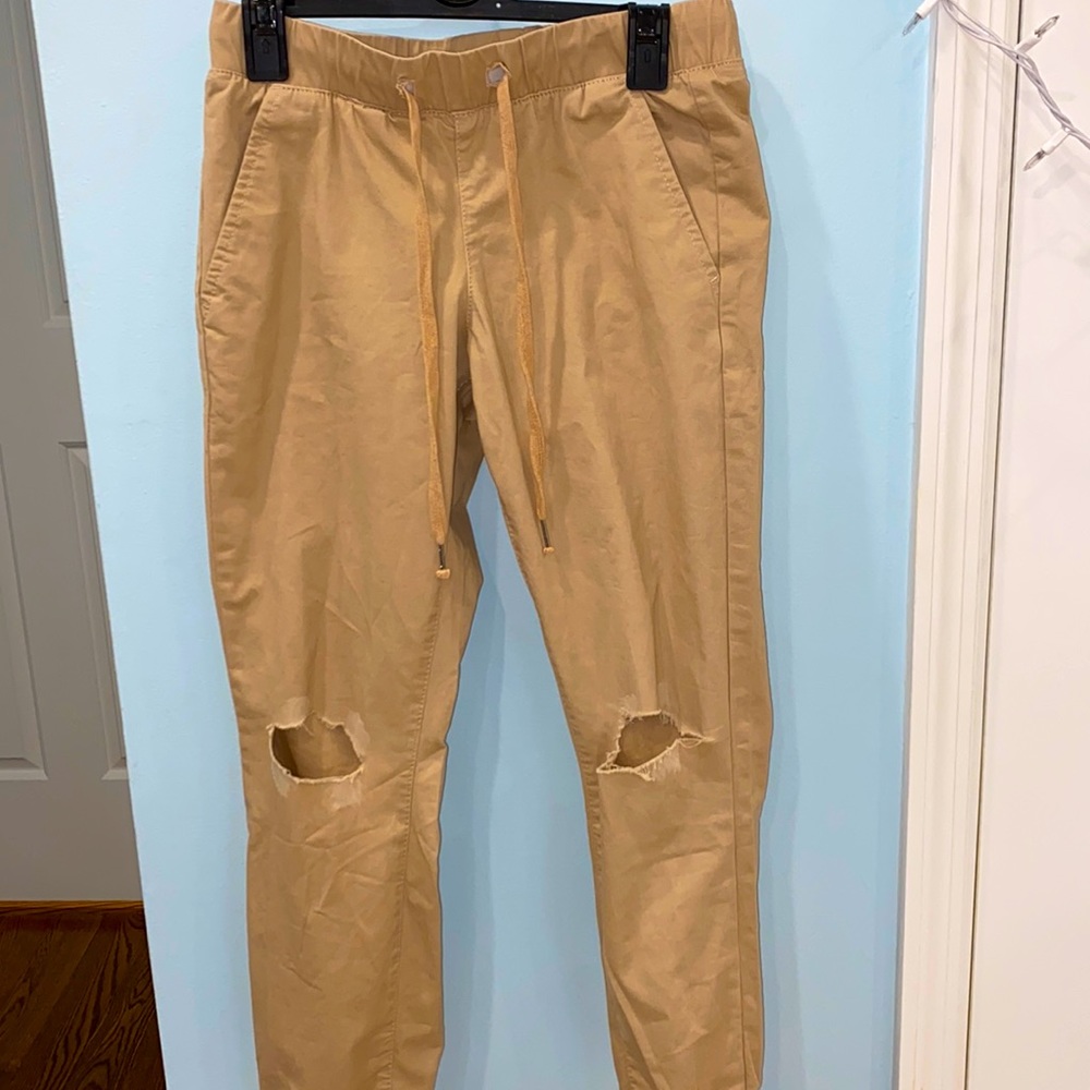 Low Waisted Khaki Colored Pants with Rips